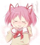  aki_(akikaze_asparagus) blush bust closed_eyes eyes_closed face hands_on_another's_cheeks hands_on_another's_face hands_on_cheeks hands_on_own_cheeks hands_on_own_face heart imagining kaname_madoka mahou_shoujo_madoka_magica pink_hair school_uniform short_hair solo twintails 