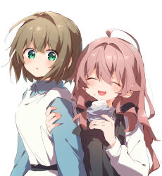  2girls absurdres black_dress blue_shirt brown_hair closed_eyes commentary_request dress food food_on_face green_eyes hand_on_another's_arm highres kagari_mimi kimi_ga_shinu_made_koi_wo_shitai light_blush long_hair looking_at_viewer medium_hair multiple_girls nyaa_(nnekoron) onigiri open_mouth pink_hair rice rice_on_face shirt simple_background totsuki_shiina white_background white_dress white_shirt 