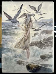  1girl absurdres bird covered_face dirty dirty_clothes dress floating flying highres levitation long_hair ocean original painting_(medium) seagull su_jian traditional_media white_dress 