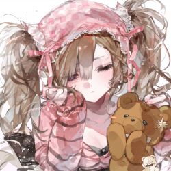  1girl brown_hair cardigan checkered_headscarf closed_mouth collarbone commission hair_between_eyes half-closed_eye headscarf highres kuroyuu_(mihuashi_155521) long_hair long_sleeves mihuashi_commission nail_polish one_eye_closed original pink_cardigan pink_headscarf pink_nails sleeves_past_wrists solo sparkle stuffed_animal stuffed_toy teddy_bear twintails upper_body violet_eyes 