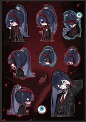  1boy aqua_eyes bandage_over_one_eye black_eyes black_hair black_jacket blood closed_mouth commentary_request eyeball high_ponytail hong_lu_(project_moon) hongyuan_(identity)_(project_moon) jacket korean_commentary lapels limbus_company long_hair looking_at_viewer multiple_views nagakiras2 notched_lapels ok_sign ok_sign_over_eye ponytail project_moon red_bandage smile very_long_hair 