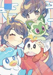  1boy 1girl absurdres blush braid brown_eyes brown_hair closed_eyes closed_mouth commentary eyelashes florian_(pokemon) fuecoco grey_shirt highres holding holding_pokemon juliana_(pokemon) long_sleeves pokemon pokemon_(creature) pokemon_scarlet_and_violet quaxly revue_(rever_res) shirt smile sprigatito starter_pokemon_trio untranslatable_commentary 
