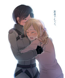  2girls aki_(neyuki41028) aldnoah.zero amifumi_inko black_gloves black_hair blonde_hair brown_cardigan cardigan closed_eyes commentary_request crying fingerless_gloves gloves harness hug long_hair mecha_pilot_suit multiple_girls open_mouth parted_bangs pink_scrunchie school_uniform scrunchie short_hair tears twintails wavy_hair white_background 