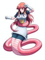  1girl 4rm5trong adapted_costume breasts clenched_hand commentary_request commission cosplay dragon_ball dragon_ball_z dress fighting_stance full_body gloves highres lamia large_breasts miia_(monster_musume) monster_girl monster_musume_no_iru_nichijou pointy_ears pose_imitation red_hair red_scales smile solo spanish_commentary tail_around_own_waist vegeta vegeta_(cosplay) white_dress white_gloves yellow_eyes 