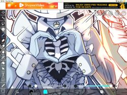  2026 2boys 2d alternate_costume apron art_program_in_frame bell bell_collar black_background blue_collar blue_dress blue_gloves bow cleavage_cutout clothing_cutout collar commentary crossdressing crossdressing_(mtf) digital_media dress duo elemental_(creature) english_commentary english_text enmaided fire_elemental flaming_head frilled_dress frills glasses gloves grillby heart_cutout heart_hands highres hollow_eyes humanoid ibispaint_(medium) long_sleeves maid maid_apron making-of male male_focus male_only monster monster_boy multiple_boys no_mouth orange_dress orange_skin rectangular_eyewear ribs sans_(undertale) skeleton sonojackpot sparkle teeth text undead undertale unfinished utdr_(toby_fox) white_apron white_background wrist_cuffs 
