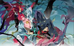 aged_up arknights coat colored_extremities commentary_request curen196075 diamond_(shape) dragon dragon_boy dragon_horns dragon_tail eastern_dragon eastern_dragon_horns eastern_dragon_tail highres horns open_clothes open_shirt red_hair sitting_on_branch tail yu_(ambience_synesthesia_2026)_(arknights) yu_(arknights) 