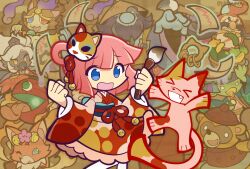  >_< 2girls 3boys alternate_costume angry animal aqua_eyes bakeneko_(mythology) basket beard bell black_hair black_sash blue_eyes blue_skin brown_cat brown_kimono calico_(pattern) calico_cat cat cat_mask chetta_(puyopuyo) chouchin-obake clenched_hands colored_skin commentary_request cucumber facial_hair fang ghost green_eyes hair_rings hands_up hat heterochromia hitodama holding holding_basket holding_paintbrush japanese_clothes jingle_bell kappa kimono kitsune lantern looking_at_animal mask mask_on_head multiple_boys multiple_girls mustache obi obiage obijime official_style ofuda one-eyed open_mouth paintbrush pantyhose paper_lantern paw_print paw_print_pattern pimyuhuwa pink_cat pink_hair print_kimono puyopuyo puyopuyo_quest raised_inner_eyebrows red_eyes rice_hat sash shakujou short_hair smile staff tanuki tengu tokin_hat traditional_youkai twitter_username white_eyes white_pantyhose wide_sleeves yellow_eyes 