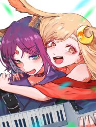  2girls :d belt_buckle belt_collar black_collar blonde_hair blue_kimono blush buckle cho_kaguya-hime! collar commentary comugicoalfa crescent crescent_hair_ornament droopy_ears green_eyes hair_ornament happy holding holding_instrument hug instrument japanese_clothes kaguya_(cho_kaguya-hime!) kaguya_(tsukuyomi)_(cho_kaguya-hime!) keyboard_(instrument) kimono long_hair multiple_girls open_mouth purple_hair red_kimono sakayori_iroha sakayori_iroha_(tsukuyomi) short_hair small_sweatdrop smile straight_hair upper_body yellow_eyes yuri 