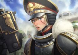  1girl armor artist_name black_hair blonde_hair blue_eyes bolter chinstrap commentary english_commentary firenger fur_trim hat highres holding_bolter looking_at_viewer open_mouth peaked_cap scar scar_on_face short_hair solo_focus teeth upper_body upper_teeth_only warhammer_40k weapon 
