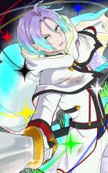  1boy belt blue_hair cape commentary_request dirty dirty_clothes gloves gradient_hair highres holding holding_sword holding_weapon hood julius_juukulius long_sleeves looking_at_viewer male_focus multicolored_hair open_mouth pants purple_hair re:zero_kara_hajimeru_isekai_seikatsu sakanaglyph short_hair solo sword two-tone_hair weapon white_cape white_gloves white_pants yellow_eyes 
