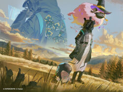  1other absurdres ambiguous_gender arknights bitey_(arknights) black_coat black_gloves black_pants blue_sky clouds coat commentary_request copyright_notice creature doctor_(arknights) dutch_angle facing_ahead floating from_side full_body gendou_pose gloves hand_in_pocket hat highres holding holding_wand hood hood_up hooded_coat meadow mountain mouth_hold natsuba002 official_art own_hands_clasped own_hands_together pants second-party_source sheep sky standing sticker thumbs_up wand wasteland white_coat witch_hat 