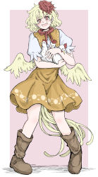  1girl @_@ absurdres animal bird bird_tail bird_wings blonde_hair blush boots brown_boots chicken chicken_girl commentary dress fe_(tetsu) feathered_wings highres holding holding_animal holding_bird looking_at_viewer multicolored_hair neckerchief niwatari_kutaka nose_blush open_mouth orange_dress pigeon-toed puffy_short_sleeves puffy_sleeves red_eyes red_hair red_neckerchief shirt short_hair short_sleeves simple_background smile solo standing sweat tail tearing_up touhou two-tone_hair white_shirt wings yellow_tail yellow_wings 