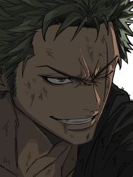  1boy black_shirt collarbone commentary_request dirty dirty_face furrowed_brow green_hair grey_eyes grin highres male_focus one_eye_closed one_piece portrait roronoa_zoro scar scar_across_eye scar_on_face shirt short_hair smile solo unini0207 very_short_hair white_background 