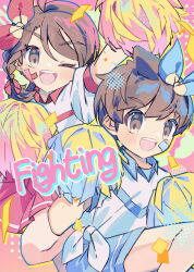  1boy 1girl :d ;d absurdres alternate_costume blue_shorts braid brown_eyes brown_hair cheerleader commentary florian_(pokemon) highres holding holding_pom_poms juliana_(pokemon) one_eye_closed open_mouth pink_skirt pleated_skirt pokemon pokemon_scarlet_and_violet pom_pom_(cheerleading) revue_(rever_res) shirt short_sleeves shorts skirt smile teeth untranslatable_commentary upper_teeth_only white_shirt 