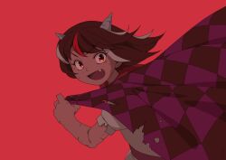  1girl :d black_hair commentary_request cone_horns dress fang from_side grey_horns highres holding holding_towel horns kijin_seija looking_at_viewer looking_to_the_side multicolored_hair nimble_fabric open_mouth puffy_short_sleeves puffy_sleeves punidayo red_background red_eyes red_sash red_streaks running sash scratches short_hair short_sleeves simple_background small_horns smile solo spanish_commentary streaked_hair torn_clothes touhou towel upper_body white_dress white_streaks 