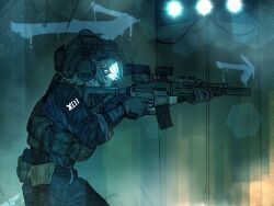  absurdres aiming assault_rifle blue_jacket blue_pants brown_gloves closed_mouth combat_helmet commentary_request commission danmug58 from_side gender_request glasses gloves gun h&amp;k_hk416 handgun helmet highres holding holding_gun holding_weapon holstered jacket load-bearing_vest military night_vision_device original pants rifle short_hair sight_magnifier suppressor tactical_clothes weapon white_hair 