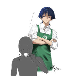  1boy 1other alternate_costume animal_print apron bishounen blunt_ends casual cat_print closed_eyes closed_mouth collared_shirt commentary_request contemporary cropped_legs crossed_arms cup eyeliner facing_object genshin_impact green_apron hand_on_own_arm highres holding holding_cup looking_at_another makeup mob_face nervous_sweating pocket purple_hair red_eyeliner scaramouche_(cat)_(genshin_impact) scaramouche_(genshin_impact) shaded_face shirt sleeves_rolled_up split_mouth sweat takimura_usa translation_request trembling tsurime undershirt violet_eyes white_background white_shirt 