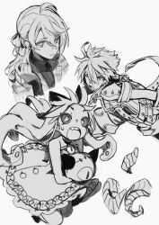 1boy 2girls absurdres ahoge bare_shoulders bilingual_commentary character_request coat colored_sclera commentary copyright_request creature cropped_torso detached_horns dot_nose dress earrings english_commentary fang grey_sclera greyscale hair_between_eyes highres holding holding_creature jewelry korean_commentary long_hair looking_ahead mixed-language_commentary mole mole_under_eye monochrome multiple_girls necklace one-eyed open_mouth original sketch spiky_hair strapless strapless_dress sweatdrop tentacle_hair white_background yoganeko 