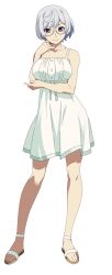  1girl absurdres bare_arms bare_legs bare_shoulders bob_cut breasts buttons closed_mouth collarbone dress dress_ribbon elbow_rest full_body gesugesu_ahoaho glasses grey_hair grey_ribbon hand_on_own_elbow hand_on_own_face hand_up highres large_breasts legs_apart looking_at_viewer medium_hair okitegami_kyouko okitegami_kyouko_no_bibouroku pinky_out ringed_eyes round_eyewear sandals semi-rimless_eyewear shadow short_dress sidelocks simple_background sleeveless sleeveless_dress smile solo standing sundress under-rim_eyewear violet_eyes white_background white_dress 