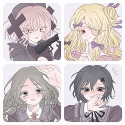  2girls black_gloves black_hair blonde_hair blush bow chinese_commentary closed_mouth eyepatch gloves grey_hair gun hair_bun hair_ornament handgun hat highres hitokouji_kanoe holding holding_gun holding_weapon long_hair magical_girl mahou_shoujo_ikusei_keikaku mahou_shoujo_ikusei_keikaku_restart multiple_girls nurse_cap open_mouth pfle purple_bow red_eyes school_uniform shadowgale short_hair single_hair_bun smile soleidekmo totoyama_mamori weapon x_hair_ornament 