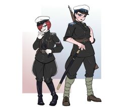  1boy 1girl 2girls :d :o bad_source belt black_boots black_hair black_jacket black_lips black_pants black_shirt blue_eyes blush bolt_action boots brown_belt brown_boots character_request commission flag_chevron fluffkaiser gun gun_on_back hair_over_one_eye half-closed_eye hat highres holding holding_whip holster jacket leather_belt lipstick makeup military_jacket military_uniform mosin-nagant multiple_girls open_mouth order_of_the_great_siberian_ice_march original pale_skin pants pants_tucked_in peaked_cap puttees red_hair rifle russian_civil_war russian_flag scabbard scar scar_on_arm scar_on_cheek scar_on_face serious sheath sheathed shirt shoulder_boards smile smug weapon weapon_on_back whip white_army white_hat 
