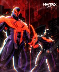  2boys abs artist_name batman batman_(series) batman_beyond belt building commentary dc_comics english_commentary highres marvel mask maytrixxdx miguel_o'hara multiple_boys muscular muscular_male night rain red_sky sky spider-man_(2099) spider-man_(series) terry_mcginnis 