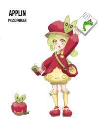  1girl :d absurdres apple_bag apple_juice apple_print applin caterpie child colored_eyelashes drink_carton english_commentary food_print fruit_print full_body green_eyes green_hair hat highres holding holding_drink_carton holding_juice_box juice juice_box low_ponytail mary_janes personification pokemon pokemon_(creature) ponytail red_hat red_shirt red_shoes reference_inset rhymewithray shirt shoes simple_background smile socks the_very_hungry_caterpillar white_background yellow_collar yellow_socks 