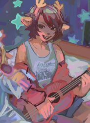  2girls acoustic_guitar animal_ears antlers blonde_hair brown_hair clothes_writing december_holiday deer_antlers deer_ears deer_girl deltarune design_speculation furry furry_female guitar highres holding holding_guitar holding_instrument horns instrument multiple_girls noelle_holiday open_mouth playing_guitar playing_instrument reindeer_girl short_hair siblings sisters sitting smile solo_focus star_(symbol) utdr_(toby_fox) v0id_sp1ll 