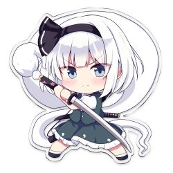  1girl black_bow black_bowtie black_hairband blue_eyes bow bowtie chibi chibi_only collared_shirt commentary_request egasumi fighting_stance frilled_skirt frills full_body green_skirt green_vest grey_hair hairband highres hitodama holding holding_sword holding_weapon katana kominato_haru konpaku_youmu konpaku_youmu_(ghost) looking_at_viewer puffy_short_sleeves puffy_sleeves sheath sheathed shirt short_sleeves simple_background skirt skirt_set solo sword sword_on_back touhou transparent_background unsheathed vest weapon weapon_on_back white_shirt 