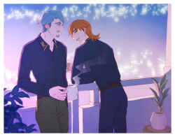  2boys against_railing balcony black_pants black_shirt border brown_eyes challia_bull closed_mouth coffee_mug collared_shirt commentary_request cup facial_hair goatee green_eyes green_hair green_pants gundam gundam_gquuuuuux highres holding holding_cup looking_at_another male_focus mature_male medium_hair mochikogqx mug multiple_boys mustache orange_hair pants railing shirt short_hair smile white_border xavier_olivette 