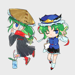  1girl :d ;d ajirogasa alternate_costume black_skirt blue_eyes blue_hat blue_vest capelet chibi chibi_only chinese_commentary clipboard commentary_request dress finger_gun flower flower_in_jar frilled_hat frills green_hair grey_dress grey_robe hat highres holding holding_clipboard jizou leg_warmers lotus multiple_views one_eye_closed pointing pointing_up red_capelet red_ribbon red_socks ribbon robe sandals shiki_eiki skirt sleeve_bow smile socks straw_hat touhou vest white_sleeves xiaohongshu_4957948031 