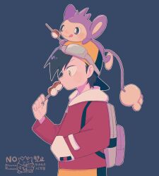  1boy :q aipom backwards_hat bag baseball_cap black_hair blue_background dango eating ethan_(pokemon) food goggles grey_bag hand_in_pocket hand_tail hat highres holding holding_skewer jacket licking_lips long_sleeves mochi_okomekome monkey on_head pokemon pokemon_(creature) pokemon_adventures pokemon_gold/silver/crystal pokemon_on_head prehensile_tail red_jacket short_hair shorts simple_background skewer tail tongue tongue_out wagashi yellow_eyes yellow_shorts 