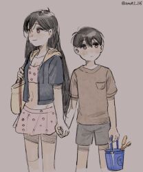  1boy 1girl antenna_hair bag black_hair brother_and_sister bucket commentary gokun handbag highres holding_hands looking_to_the_side mari_(faraway)_(omori) mari_(omori) omori shorts siblings smile sunny_(omori) 