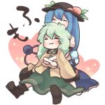  bad_id blue_hair blue_skirt chibi closed_eyes eyes_closed green_hair green_skirt hat heart hinanawi_tenshi hug hug_from_behind komeiji_koishi konbu_ame multiple_girls no_hat no_headwear sitting touhou yellow_shirt 