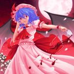  _eyes bat_wings blood blue_hair blush brooch cup flower full_moon hat highres jewelry moon night petals red red_eyes red_moon reg_(artist) remilia_scarlet rose short_hair solo touhou white_rose wings 
