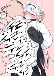  1boy 1girl absurdres bald black_hairband black_jacket black_pants black_shoes blue_archive blush bow closed_mouth collared_shirt colored_inner_hair commentary_request doodle_sensei_(blue_archive) hair_bow hairband highres hug jacket korean_commentary lifting_person long_hair multicolored_hair one_eye_closed pants pink_hair plana_(blue_archive) sensei_(blue_archive) sharp_to_sharp shirt shoes two-tone_hair very_long_hair violet_eyes white_bow white_hair white_shirt 