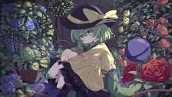  1girl absurdres black_hat blue_flower blue_rose blush bow bush closed_mouth collared_shirt commentary disembodied_linked_eye eyeball flower flower_pot frilled_shirt_collar frilled_skirt frilled_sleeves frills from_side fruit_tree green_eyes green_flower green_hair green_skirt hat hat_bow highres hydrangea knees_up komeiji_koishi lavender_(flower) long_sleeves looking_at_viewer looking_to_the_side medium_hair on_ground orange_flower orange_tulip pink_flower pink_rose plant potted_plant purple_flower red_flower red_rose revision rose rose_bush shirt sitting skirt smile solo touhou tree tulip wide_sleeves yellow_bow yellow_flower yellow_rose yellow_shirt yiyi02 