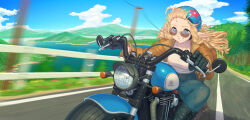  black_boots black_gloves blonde_hair blue_eyes blue_helmet blurry blurry_background boots braid day denim driving elf floating_hair flower flower_ornament gloves grin hair_flower hair_ornament hairclip helmet highres indie_virtual_youtuber jacket jeans knee_boots lake leather leather_gloves leather_jacket lyydia_(sunako) motor_vehicle motorcycle on_motorcycle outdoors pants pointy_ears red_flower scenery shirt shirt_tucked_in side_braids smile tonkatsu_(artist) virtual_youtuber white_shirt 