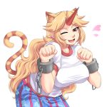  animal_ears blonde_hair breasts cat_ears cat_pose cat_tail chain chains cuffs erect_nipples extra_ears fang highres horn hoshiguma_yuugi katwu kemonomimi_mode large_breasts long_hair oni paw_pose pointy_ears red_eyes simple_background solo tail touhou wink 