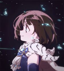  1girl black_eyes black_hair blue_gem boro_(tn-boro) cape closed_mouth commentary_request dark_background detached_sleeves earrings fur_cape gem jewelry lapis_lazuline magical_girl mahou_shoujo_ikusei_keikaku mahou_shoujo_ikusei_keikaku_restart short_hair smile 