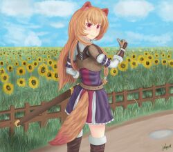  1girl animal_ear_fluff animal_ears armor belt black_dress blue_sky boots breastplate brown_armor brown_belt brown_boots brown_hair closed_mouth clouds cloudy_sky commentary cowboy_shot day dirt_road dress field flower flower_field from_behind fur-trimmed_armor fur-trimmed_boots fur_trim gauntlets highres layered_dress leather_armor long_hair long_sleeves looking_at_viewer looking_back metal_arm_cuffs metal_wrist_cuffs outdoors pauldrons pinstripe_dress pinstripe_pattern raccoon_ears raccoon_girl raccoon_tail raphtalia red_dress red_eyes road scabbard sheath short_dress shoulder_armor signature single_pauldron sky sleeveless sleeveless_dress smile solo standing straight_hair sunflower sunflower_field tail tate_no_yuusha_no_nariagari thigh_boots two-tone_dress watermark white_dress white_fur witch_off_miracles zettai_ryouiki 