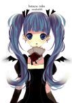  bad_id bat_wings blue_eyes blue_hair earrings elbow_gloves gloves hatsune_miku jewelry long_hair open_mouth simple_background solo twintails vocaloid wings yayuyo 