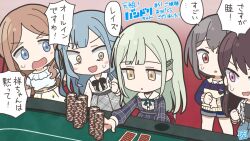  5girls bang_dream! black_hair black_ribbon blue_eyes blue_hair brown_hair card casino casino_card_table chibi chibi_only closed_mouth commentary_request crychic_(bang_dream!) dress gambling ganso!_bang_dream_chan green_hair grey_hair hair_ribbon highres jacket kinutani_soushi long_hair long_sleeves multiple_girls nagasaki_soyo official_art open_mouth playing_card poker_chip ribbon shiina_taki shirt short_hair sidelocks skirt table takamatsu_tomori togawa_sakiko two_side_up violet_eyes wakaba_mutsumi white_shirt yellow_eyes 