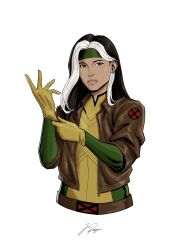  1girl artist_name belt black_hair bodysuit brown_belt brown_eyes brown_jacket colored_bangs commentary ear_piercing english_commentary flat_chest gloves green_bodysuit green_headband green_sleeves hair_behind_ear hand_up headband highres inde_navarette jacket jordan_rodriguez leather leather_jacket long_hair marvel multicolored_bodysuit multicolored_hair open_clothes open_jacket parted_lips piercing pink_lips putting_on_gloves rogue_(x-men) signature simple_background sleeves_rolled_up teeth upper_body white_background white_hair x-men x_(symbol) yellow_bodysuit yellow_gloves 
