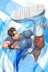  1girl asymmetrical_bangs boots bracelet breasts brown_eyes brown_hair brown_pantyhose bun_cover character_name chinese_clothes chun-li commentary_request double_bun dress english_commentary english_text fighting_stance from_above hair_bun highres jewelry kicking large_breasts leg_up lips long_unitard looking_to_the_side minh_pham motion_blur muscular muscular_female nose pantyhose pelvic_curtain qipao short_hair simple_background solo spiked_bracelet spikes standing standing_on_one_leg street_fighter studded_bracelet studs thick_thighs thighs white_boots 