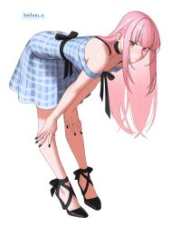  1girl absurdres alternate_costume arichuu_u bent_over black_choker black_nails black_shoes blue_dress blunt_bangs choker commentary dress english_commentary full_body gingham_clothes gingham_dress high_heels highres hololive hololive_english long_hair looking_at_viewer mori_calliope nail_polish off-shoulder_dress off_shoulder pink_eyes pink_hair shoes short_dress sidelocks simple_background solo strappy_heels virtual_youtuber white_background 