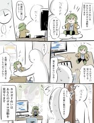  2others avogado6 calendar_(object) calogado chair chibi clock commentary_request desk evil_smile glasses green_hair headgear highres instrument keyboard_(instrument) multiple_others ominous_shadow plectrum smile stuffed_toy swivel_chair translated utau 