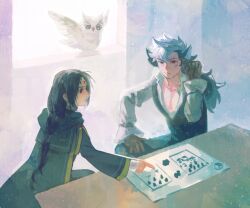  2boys animal_ears bird commentary_request commission cross_scar facial_mark feh_(fire_emblem_heroes) fire_emblem fire_emblem:_path_of_radiance fire_emblem_fates fire_emblem_heroes forehead_mark gloves keaton_(fire_emblem) ko-fi_commission long_hair male_focus multicolored_hair multiple_boys owl pectoral_cleavage pectorals picnicic red_eyes scar scar_on_face soren_(fire_emblem) two-tone_hair 