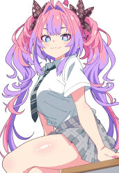  1girl :3 absurdres ahoge black_bow black_necktie blue_eyes bow breasts center-flap_bangs closed_mouth collared_shirt colored_inner_hair commentary_request crossed_legs gradient_hair grey_skirt hair_bow hair_intakes highres hololive hololive_dev_is irodori_drawpic kikirara_vivi long_hair looking_at_viewer medium_breasts miniskirt multicolored_hair necktie pink_hair pleated_skirt pointy_ears purple_hair school_uniform shirt shirt_tucked_in short_sleeves simple_background sitting skirt solo star-shaped_pupils star_(symbol) symbol-shaped_pupils twintails two-tone_hair very_long_hair virtual_youtuber white_background white_shirt 