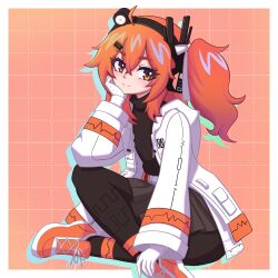  1girl a.i._voice adachi_rei belt black_skirt black_sweater black_thighhighs boots border closed_mouth commentary crossed_legs gloves grid_background hair_ornament hairclip hand_on_own_cheek hand_on_own_face headlamp headset highres jacket kaleislazy light_blush long_hair looking_to_the_side one_side_up open_clothes open_jacket orange_background orange_boots orange_eyes orange_hair orange_trim pleated_skirt pocket radio_antenna robot_girl sitting skirt smile solo sound_wave sweater thigh-highs turtleneck turtleneck_sweater utau white_border white_gloves white_jacket 